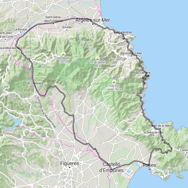 Miniatua del mapa de inspiración ciclista "Ruta de Carretera Castelló d'Empúries - Roses - Collioure" en Cataluña, Spain. Generado por Tarmacs.app planificador de rutas ciclistas