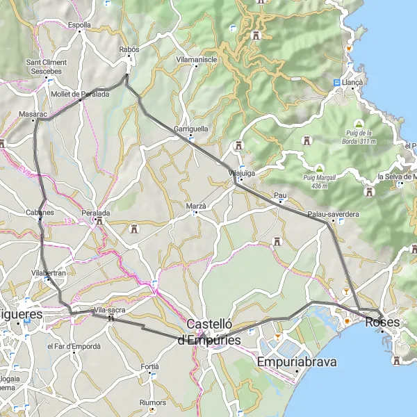 Miniatura della mappa di ispirazione al ciclismo "Tour panoramico tra Palau de l'Abat e Roses" nella regione di Cataluña, Spain. Generata da Tarmacs.app, pianificatore di rotte ciclistiche