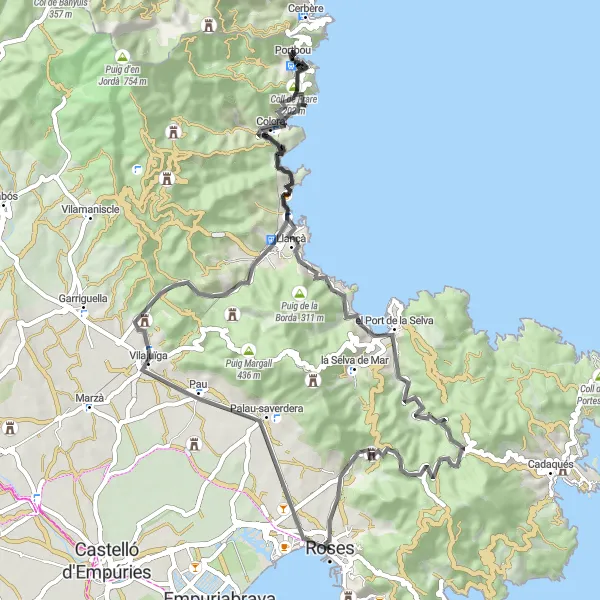 Miniatura della mappa di ispirazione al ciclismo "Il Giro delle Colline di Roses" nella regione di Cataluña, Spain. Generata da Tarmacs.app, pianificatore di rotte ciclistiche