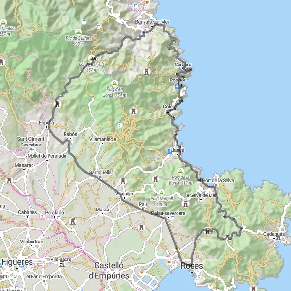 Miniaturní mapa "Významná silniční jízda kolem Roses" inspirace pro cyklisty v oblasti Cataluña, Spain. Vytvořeno pomocí plánovače tras Tarmacs.app