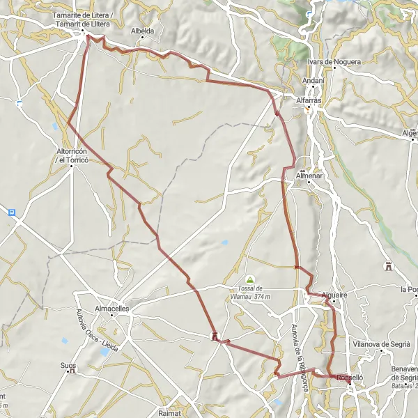 Miniatura della mappa di ispirazione al ciclismo "Tour in gravel da Rosselló a Penya del Sagrat Cor" nella regione di Cataluña, Spain. Generata da Tarmacs.app, pianificatore di rotte ciclistiche