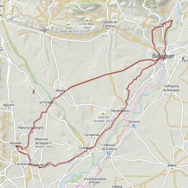 Miniatua del mapa de inspiración ciclista "Aventura off-road hacia Menàrguens" en Cataluña, Spain. Generado por Tarmacs.app planificador de rutas ciclistas