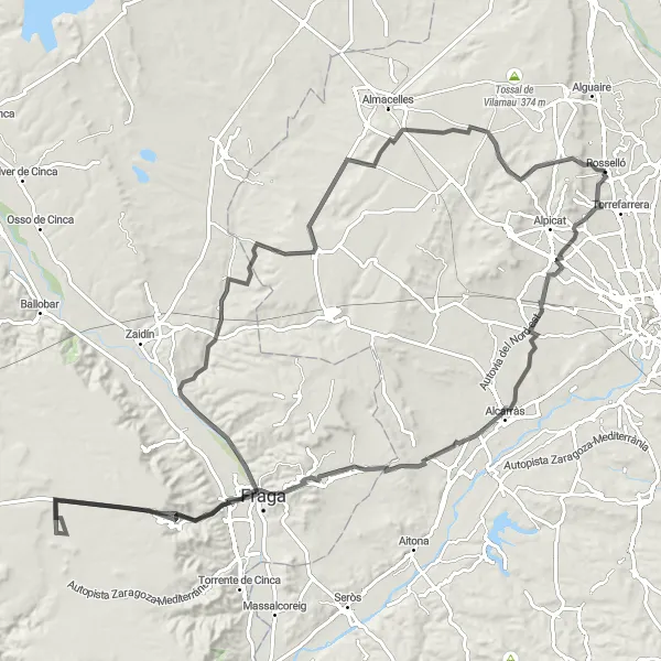 Miniature de la carte de l'inspiration cycliste "Parcours cycliste mémorable près de Rosselló: Charme rural et panoramas à couper le souffle" dans la Cataluña, Spain. Générée par le planificateur d'itinéraire cycliste Tarmacs.app