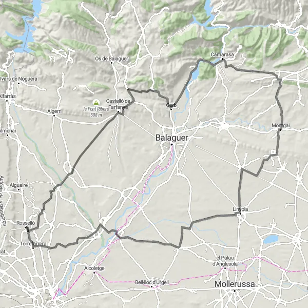 Miniatua del mapa de inspiración ciclista "Ruta por Carretera hasta Torrefarrera" en Cataluña, Spain. Generado por Tarmacs.app planificador de rutas ciclistas