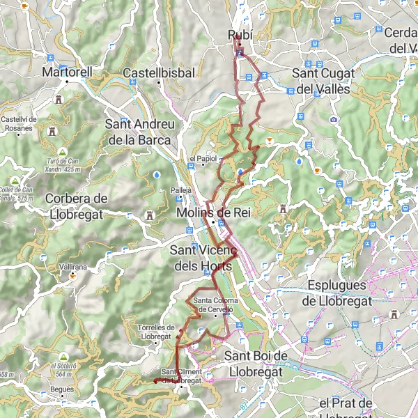 Map miniature of "Gravel Ride to Puig del Rossinyol" cycling inspiration in Cataluña, Spain. Generated by Tarmacs.app cycling route planner