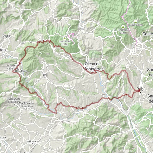 Miniatura della mappa di ispirazione al ciclismo "Viaggio in Gravel tra le colline di Rubí" nella regione di Cataluña, Spain. Generata da Tarmacs.app, pianificatore di rotte ciclistiche