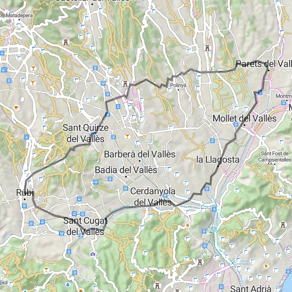 Miniatura della mappa di ispirazione al ciclismo "Giro in bicicletta da Rubí a Sant Cugat del Vallès" nella regione di Cataluña, Spain. Generata da Tarmacs.app, pianificatore di rotte ciclistiche