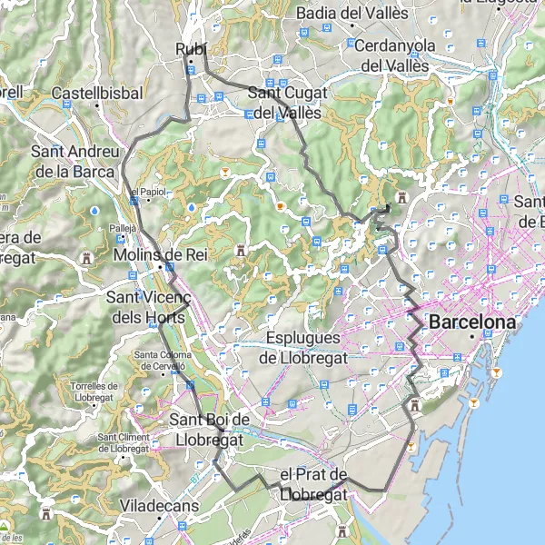 Miniatura della mappa di ispirazione al ciclismo "Avventura in bicicletta da Rubí a Molins de Rei" nella regione di Cataluña, Spain. Generata da Tarmacs.app, pianificatore di rotte ciclistiche