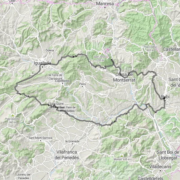Miniature de la carte de l'inspiration cycliste "Aventure épique sur la route de Rubí" dans la Cataluña, Spain. Générée par le planificateur d'itinéraire cycliste Tarmacs.app
