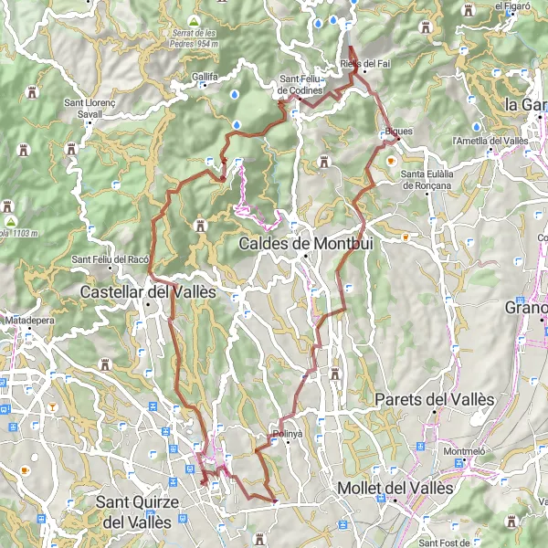 Miniatura della mappa di ispirazione al ciclismo "Giro in Gravel attraverso la natura di Sabadell" nella regione di Cataluña, Spain. Generata da Tarmacs.app, pianificatore di rotte ciclistiche