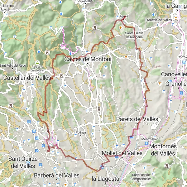 Miniatura della mappa di ispirazione al ciclismo "Avventura in Gravel tra Sabadell e Lliçà de Vall" nella regione di Cataluña, Spain. Generata da Tarmacs.app, pianificatore di rotte ciclistiche