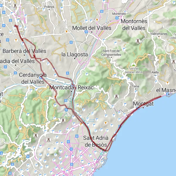 Miniatuurkaart van de fietsinspiratie "Gravelrit vanaf Sabadell naar Sant Adrià de Besòs" in Cataluña, Spain. Gemaakt door de Tarmacs.app fietsrouteplanner