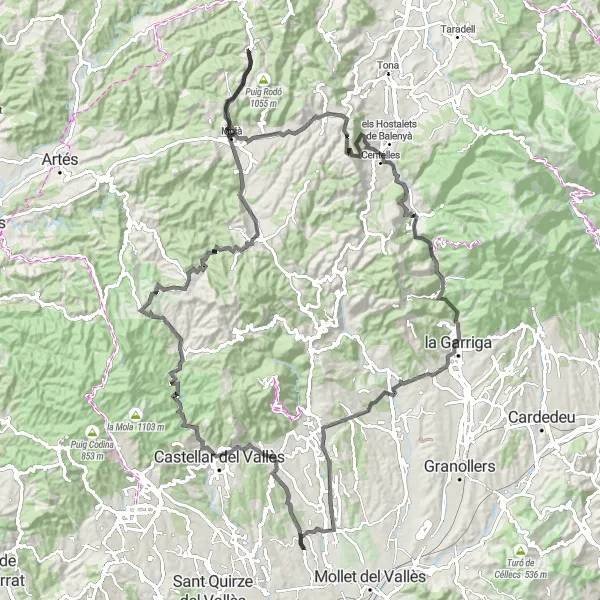 Miniatura mapy "Sabadell - Castell de Sentmenat - Puig Capçut - Sant Llorenç Savall - Turó de la Torre - Serrat del Llamp - Collsuspina - Puigsagordi - Turó del Seguer - Figaró - Turó Gros - Palau-solità i Plegamans" - trasy rowerowej w Cataluña, Spain. Wygenerowane przez planer tras rowerowych Tarmacs.app