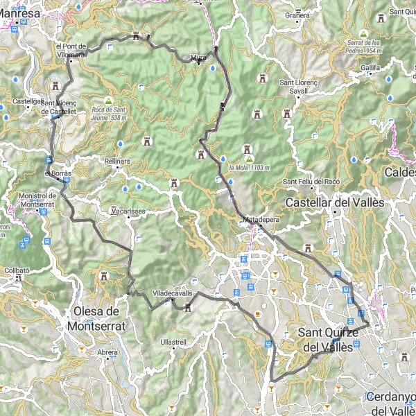 Miniaturní mapa "Sabadell a zpět" inspirace pro cyklisty v oblasti Cataluña, Spain. Vytvořeno pomocí plánovače tras Tarmacs.app