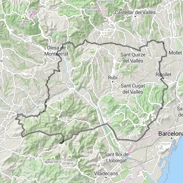 Miniatura della mappa di ispirazione al ciclismo "Tour ciclistico verso Polinyà e oltre" nella regione di Cataluña, Spain. Generata da Tarmacs.app, pianificatore di rotte ciclistiche