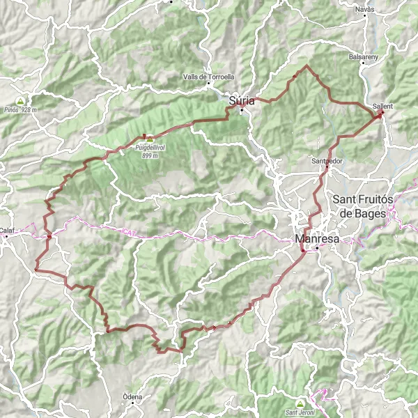 Miniature de la carte de l'inspiration cycliste "Aventure à travers les sentiers de gravier" dans la Cataluña, Spain. Générée par le planificateur d'itinéraire cycliste Tarmacs.app