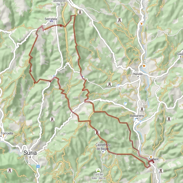 Miniatura della mappa di ispirazione al ciclismo "Per i sentieri sterrati di Sallent" nella regione di Cataluña, Spain. Generata da Tarmacs.app, pianificatore di rotte ciclistiche