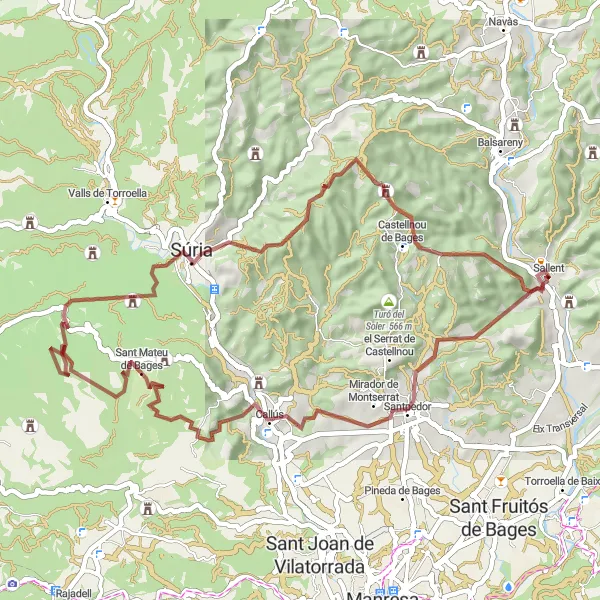 Map miniature of "Bages Adventurous Gravel Circuit" cycling inspiration in Cataluña, Spain. Generated by Tarmacs.app cycling route planner