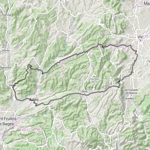 Map miniature of "Scenic Road Cycling Adventure near Sallent" cycling inspiration in Cataluña, Spain. Generated by Tarmacs.app cycling route planner