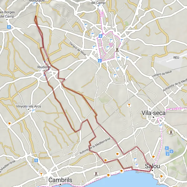 Map miniature of "Scenic Gravel Route via Castell Vilafortuny" cycling inspiration in Cataluña, Spain. Generated by Tarmacs.app cycling route planner