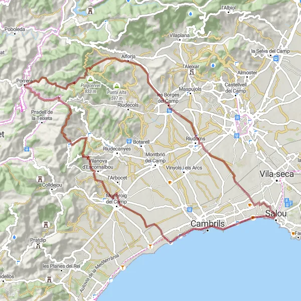 Map miniature of "Challenging Gravel Route via les Borges del Camp" cycling inspiration in Cataluña, Spain. Generated by Tarmacs.app cycling route planner