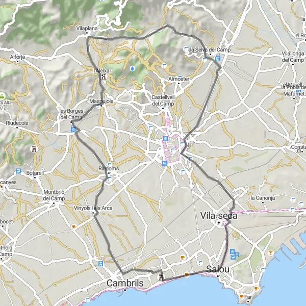 Miniatua del mapa de inspiración ciclista "Ruta de les Borges del Camp" en Cataluña, Spain. Generado por Tarmacs.app planificador de rutas ciclistas