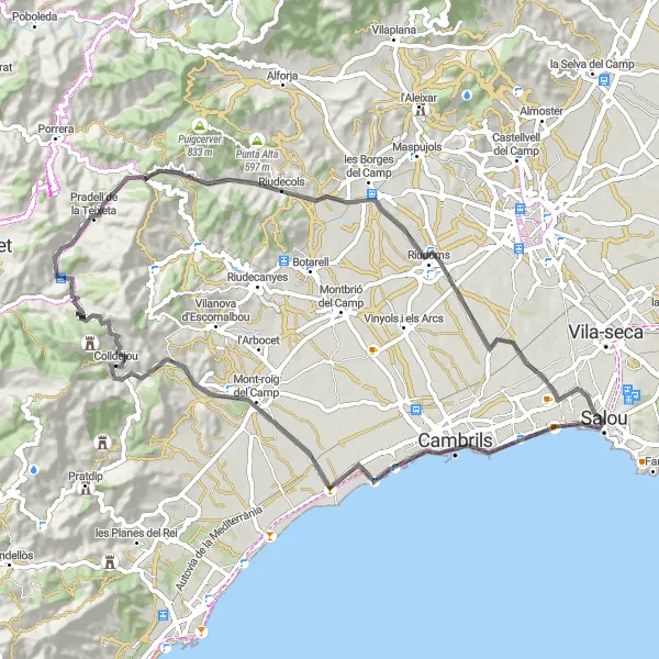 Miniatura della mappa di ispirazione al ciclismo "Rotta in bicicletta tra Cambrils e Salou" nella regione di Cataluña, Spain. Generata da Tarmacs.app, pianificatore di rotte ciclistiche