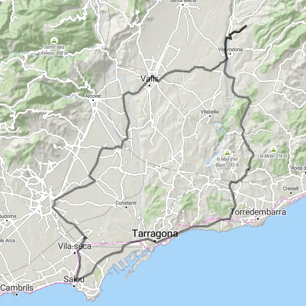 Miniatura della mappa di ispirazione al ciclismo "Tour panoramic in bicicletta da Salou" nella regione di Cataluña, Spain. Generata da Tarmacs.app, pianificatore di rotte ciclistiche