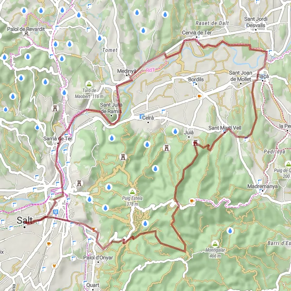 Miniatura della mappa di ispirazione al ciclismo "Gravel tra Sarrià de Ter e Girona" nella regione di Cataluña, Spain. Generata da Tarmacs.app, pianificatore di rotte ciclistiche