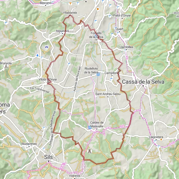 Miniaturní mapa "Gravel Route - Vilablareix to Aiguaviva" inspirace pro cyklisty v oblasti Cataluña, Spain. Vytvořeno pomocí plánovače tras Tarmacs.app