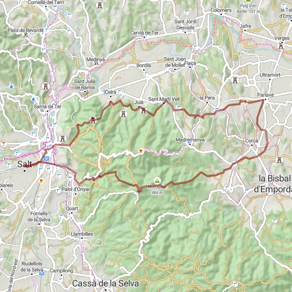 Miniatua del mapa de inspiración ciclista "Ruta por Grava a Puig de Queralb y Girona" en Cataluña, Spain. Generado por Tarmacs.app planificador de rutas ciclistas