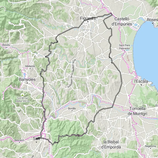 Miniatua del mapa de inspiración ciclista "Ruta de Salt a Girona por la Costa Brava" en Cataluña, Spain. Generado por Tarmacs.app planificador de rutas ciclistas