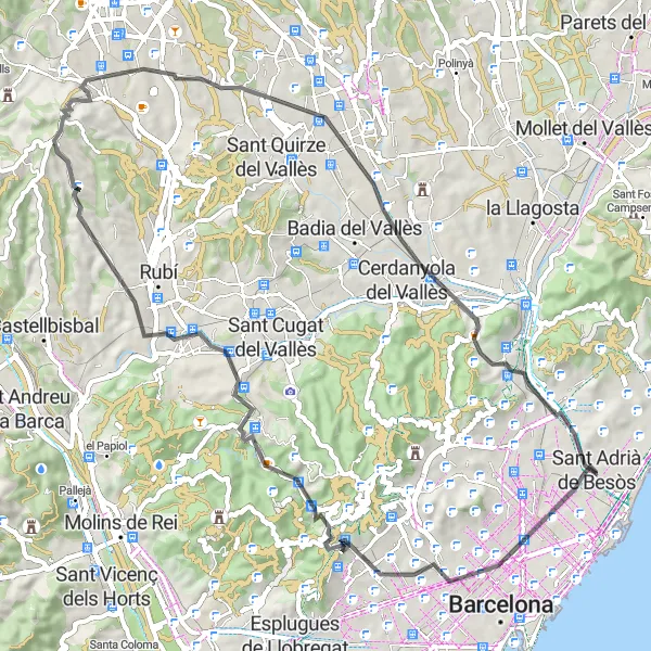 Miniatua del mapa de inspiración ciclista "Ruta de Ciclismo de Carretera desde Sant Adrià de Besòs" en Cataluña, Spain. Generado por Tarmacs.app planificador de rutas ciclistas