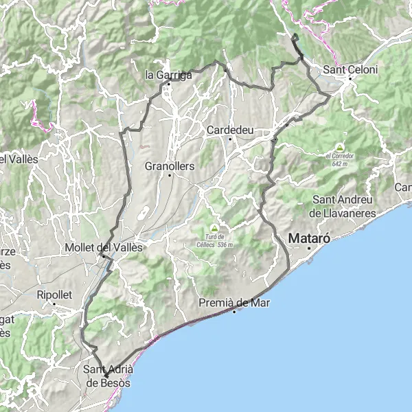 Miniatura della mappa di ispirazione al ciclismo "Avventura su strada da Sant Adrià de Besòs a Dosrius" nella regione di Cataluña, Spain. Generata da Tarmacs.app, pianificatore di rotte ciclistiche
