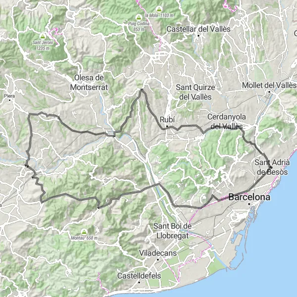 Miniatura della mappa di ispirazione al ciclismo "Avventura su strada da Güell Pavilions a Sant Adrià de Besòs" nella regione di Cataluña, Spain. Generata da Tarmacs.app, pianificatore di rotte ciclistiche