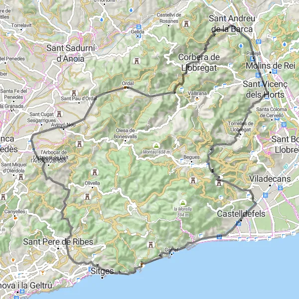 Miniatua del mapa de inspiración ciclista "Ruta de desafío hacia Garraf y más allá" en Cataluña, Spain. Generado por Tarmacs.app planificador de rutas ciclistas