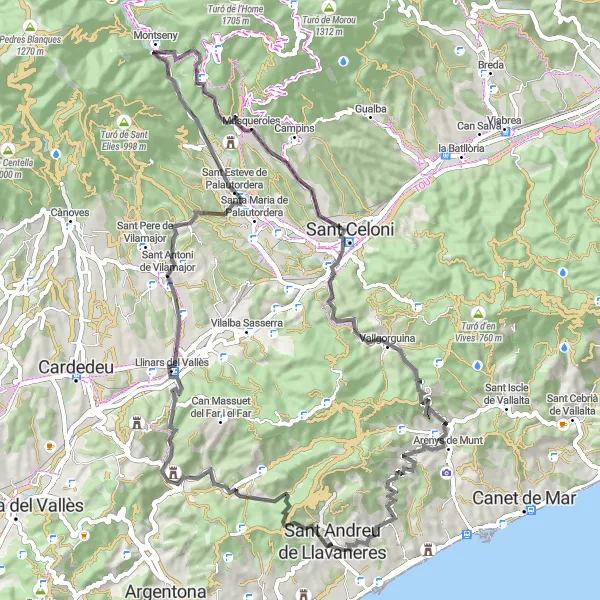 Miniatua del mapa de inspiración ciclista "Camino Escénico por el Litoral Mediterráneo" en Cataluña, Spain. Generado por Tarmacs.app planificador de rutas ciclistas