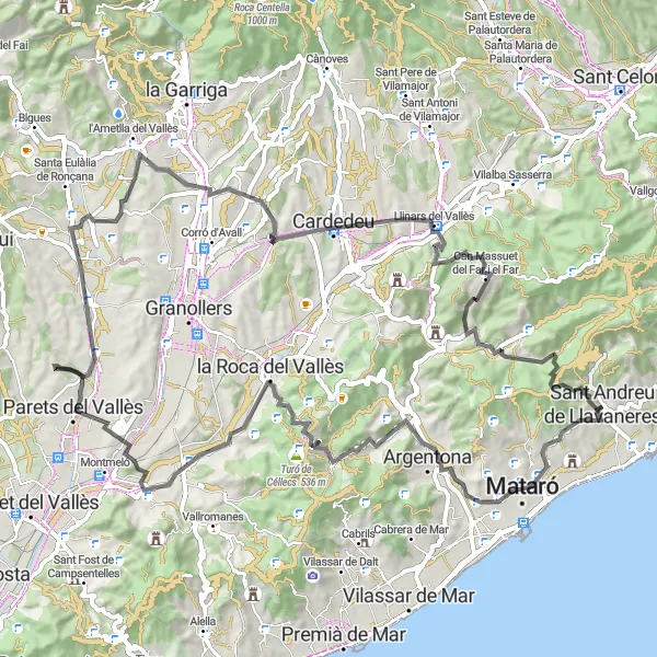 Miniaturní mapa "Road Route near Sant Andreu de Llavaneres" inspirace pro cyklisty v oblasti Cataluña, Spain. Vytvořeno pomocí plánovače tras Tarmacs.app