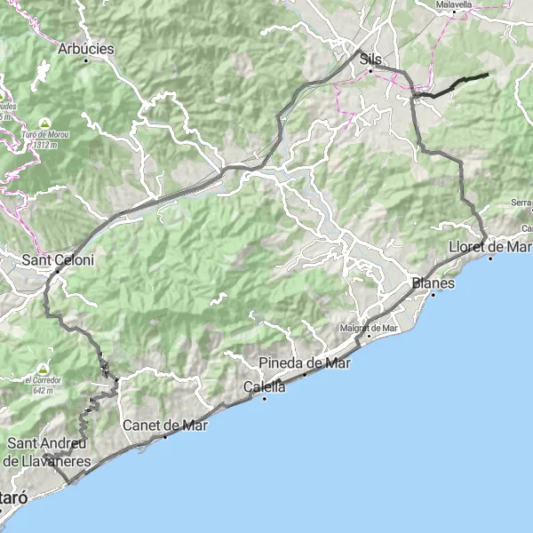 Miniaturní mapa "Road Cycling Route with Scenic Views from Sant Andreu de Llavaneres" inspirace pro cyklisty v oblasti Cataluña, Spain. Vytvořeno pomocí plánovače tras Tarmacs.app