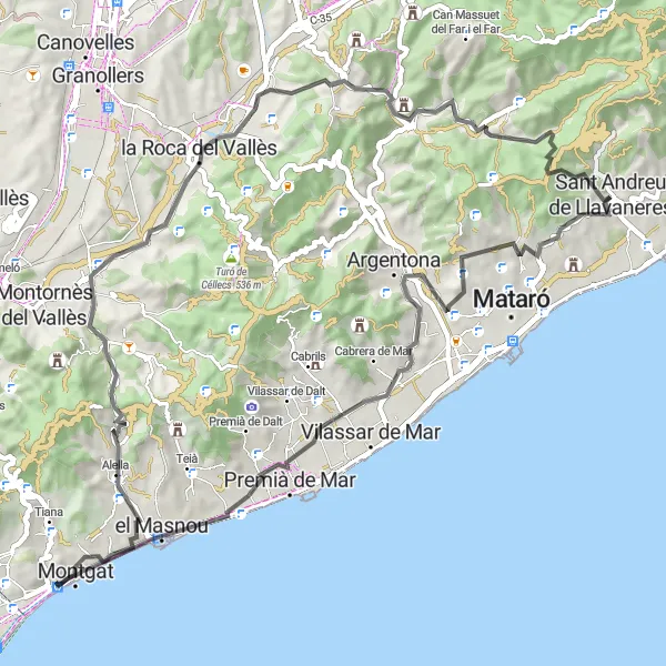 Miniatua del mapa de inspiración ciclista "Ruta Escénica por la Costa de Maresme" en Cataluña, Spain. Generado por Tarmacs.app planificador de rutas ciclistas