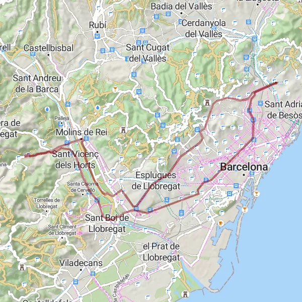 Map miniature of "Gravel Route through Collserola Park" cycling inspiration in Cataluña, Spain. Generated by Tarmacs.app cycling route planner