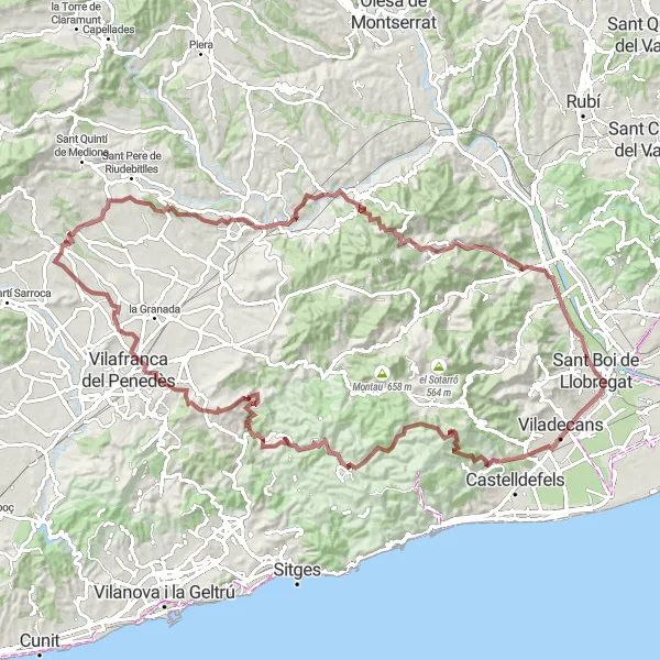 Map miniature of "Challenging Gravel Adventure to Penya Lledó and Castell de Gelida" cycling inspiration in Cataluña, Spain. Generated by Tarmacs.app cycling route planner