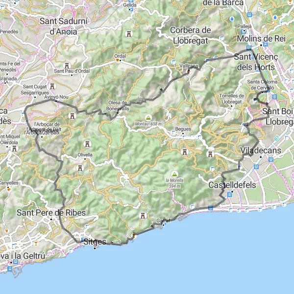 Miniature de la carte de l'inspiration cycliste "Escapade Côtière" dans la Cataluña, Spain. Générée par le planificateur d'itinéraire cycliste Tarmacs.app