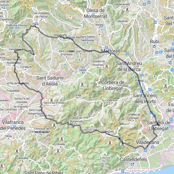 Miniatura della mappa di ispirazione al ciclismo "Cicloturismo Road Partendo da Sant Boi de Llobregat" nella regione di Cataluña, Spain. Generata da Tarmacs.app, pianificatore di rotte ciclistiche
