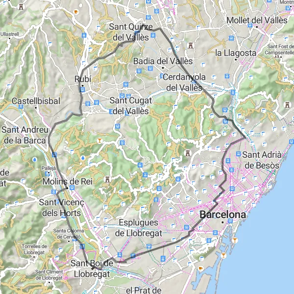 Miniatura della mappa di ispirazione al ciclismo "Giro in bicicletta da Sant Boi de Llobregat" nella regione di Cataluña, Spain. Generata da Tarmacs.app, pianificatore di rotte ciclistiche