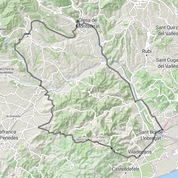 Karten-Miniaturansicht der Radinspiration "Herausfordernde Straßenfahrradroute um Sant Boi de Llobregat" in Cataluña, Spain. Erstellt vom Tarmacs.app-Routenplaner für Radtouren