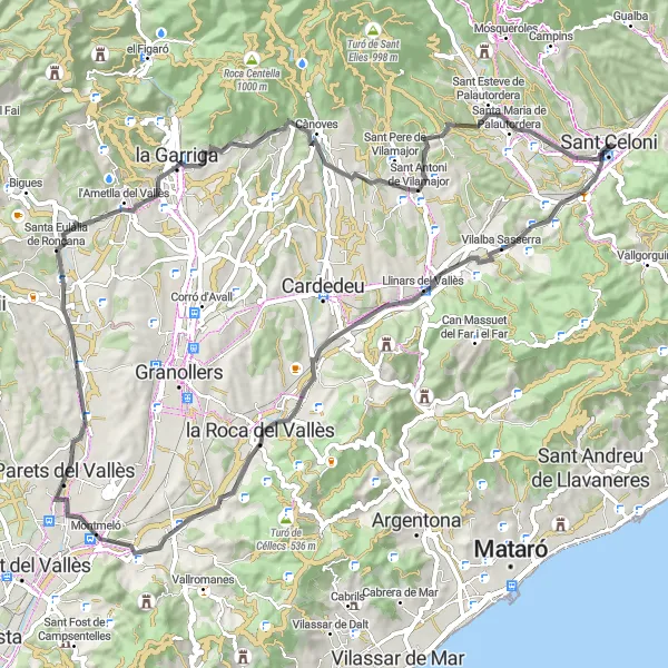 Miniatura della mappa di ispirazione al ciclismo "Giro in bici da Sant Celoni a Montmeló" nella regione di Cataluña, Spain. Generata da Tarmacs.app, pianificatore di rotte ciclistiche