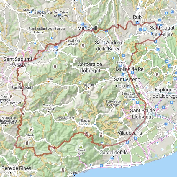 Miniatura della mappa di ispirazione al ciclismo "Avventura Gravel di 119 km" nella regione di Cataluña, Spain. Generata da Tarmacs.app, pianificatore di rotte ciclistiche