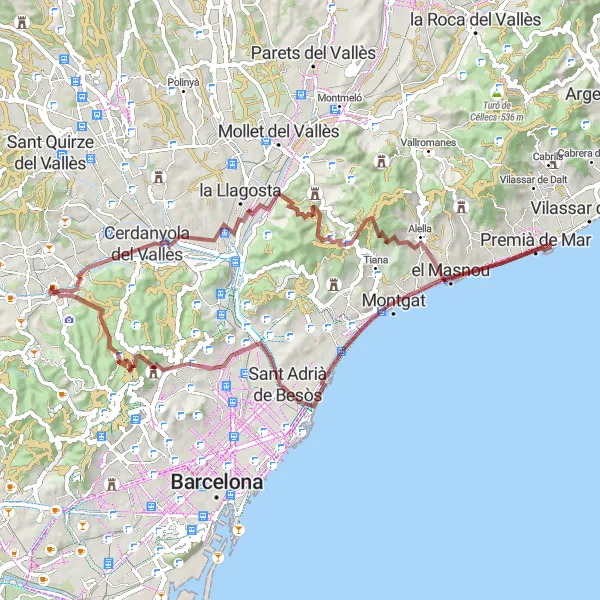 Miniatura della mappa di ispirazione al ciclismo "Giro in bicicletta da Sant Cugat del Vallès" nella regione di Cataluña, Spain. Generata da Tarmacs.app, pianificatore di rotte ciclistiche