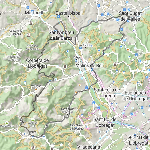 Miniature de la carte de l'inspiration cycliste "Circuit Natureux entre Molins de Rei et Sant Andreu de la Barca" dans la Cataluña, Spain. Générée par le planificateur d'itinéraire cycliste Tarmacs.app